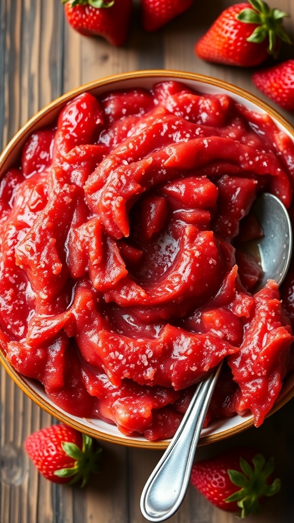 A bowl of mashed strawberries with a spoon, surrounded by whole strawberries on a wooden table.
